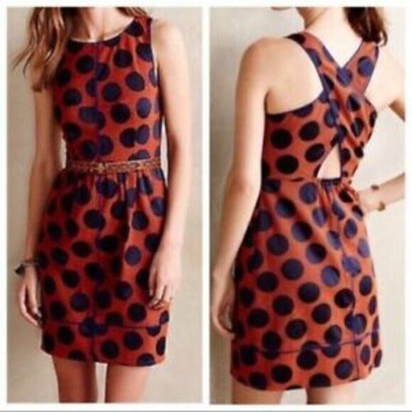 Anthropologie Maeve Dress Womens 4 Orange Black Polka Dot Cross Back Lined - Picture 14 of 15